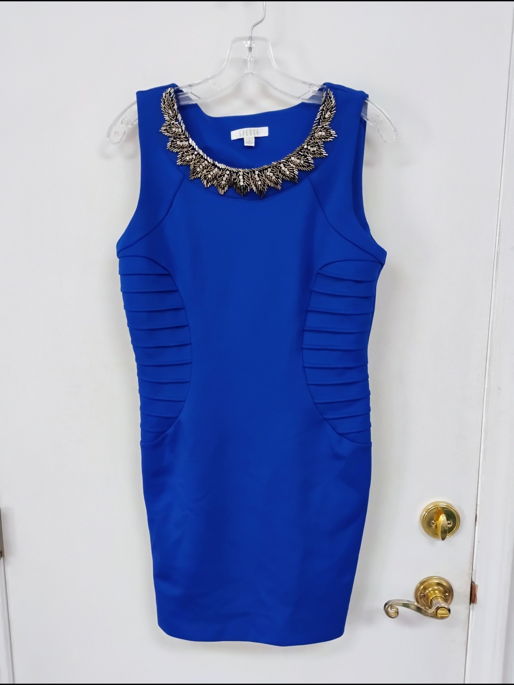 Spense Cobalt Blue Sleeveless Sheath Dress with Beaded Neckline